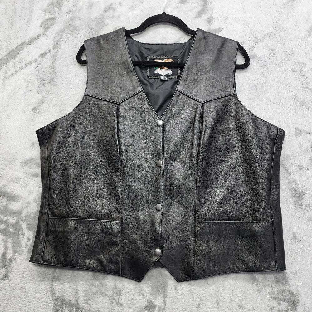Vintage Jamin Leather Vest Womens 5XL Black Biker Moto Snap Front‎ Lined Pockets